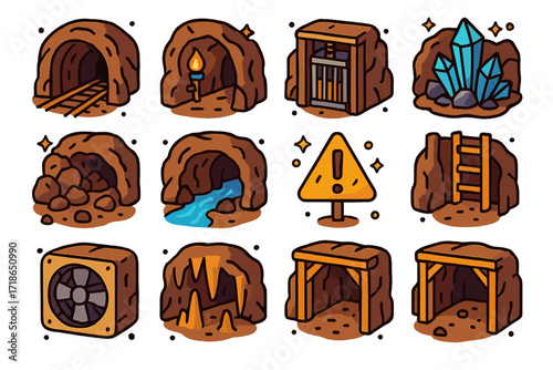 Colorful Mine Icons. Colorful isometric vector icons set of underground mine scenes: tunnel with rails, torch-lit cave, elevator