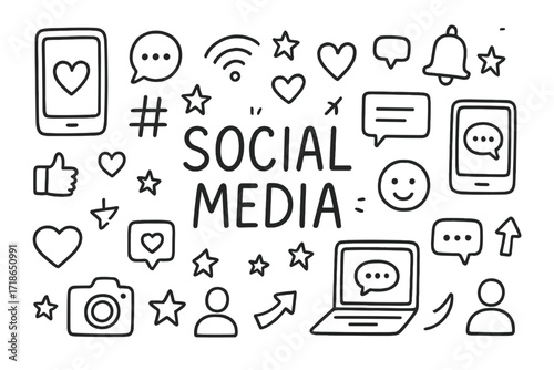 Social Media Doodle Art. Social media. Hand-drawn doodle illustration social media smartphones, laptops, chat bubbles, hashtags,