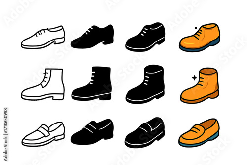 Shoe Icon Set. Icon Set of Polishing Shoes Types: Dress shoe, Boot, Loafer. Icons set in vector style, emblematic variations. Dress shoe line, Dress shoe solid