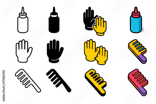 Coloring Tools Icon Set. Icon Set of Coloring Tools: Applicator bottle, Gloves, Comb. Icons set in vector style, emblematic