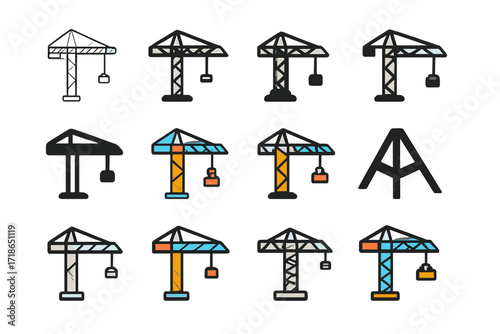 Tower Crane Logo Designs. Set Logo of Commercial Construction: Tower Crane. Logo set in vector style, emblematic variations. line, bold thick line, solid black