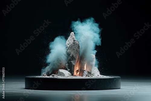 Abstract sculptural fire.  Gray rocks burning on a dark platform, teal smoke