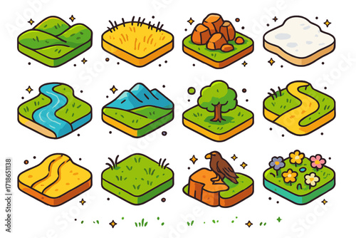 Colorful Steppe Landscapes Icons. Colorful isometric vector icons set of steppe landscapes: rolling hills, dry grass field, rocky