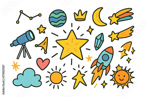 Galactic Doodle Delight. Shining star. Colorful Hand-drawn doodle Children illustration star, telescope, constellation, moon, planet, rocket, sparkle, shooting