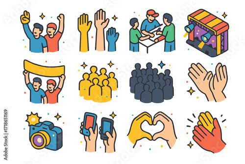 Fan Cheering Icons. Colorful isometric vector icons set of Fan appreciation: fans cheering, hands in air, autograph session,