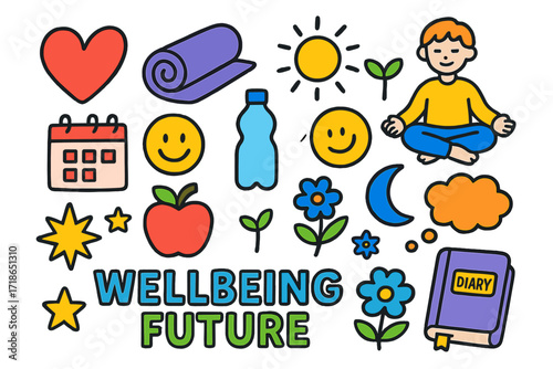 Wellbeing Doodle Collection. Wellbeing Future. Colorful Hand-drawn doodle Children illustration heart, yoga mat, apple, water bottle, sun, moon, plant sprout,