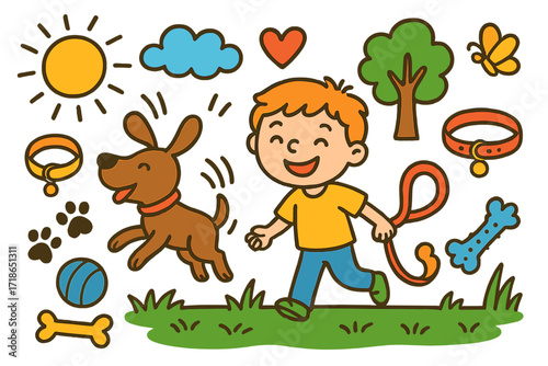 Pet Playtime Fun. Colorful Hand-drawn doodle Children illustration Pet and Owner Fun Time dog, smiling child, leash, ball, sun, cloud, tree, grass, collar,