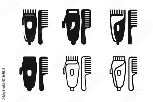 Haircut Logo Variations. Hair cut design sketches. Set Logo of hair cut design sketches: clippers and comb. 6 harmonious logo