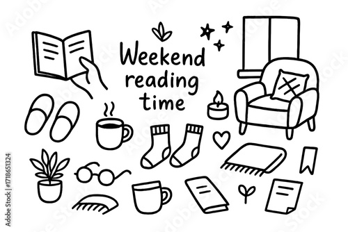 Cozy Reading Essentials. Hand-drawn doodle illustration Weekend reading time [hand holding book, cozy chair, window, slippers, mug, pillow, socks, glasses,