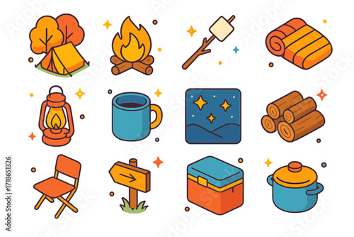 Isometric Camping Icons. Colorful isometric vector icons set of cozy outdoor camping in autumn: tent under trees, campfire, marshmallow stick, sleeping bag,