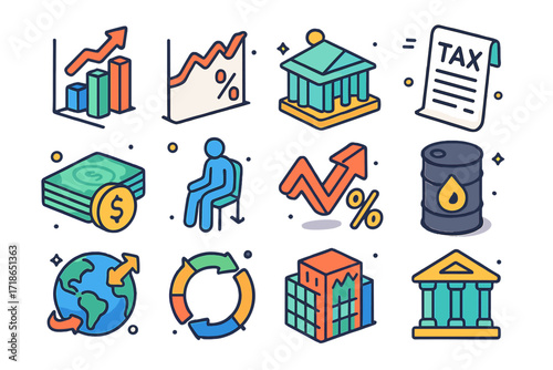 Macroeconomic Icons Set. Macroeconomics. Colorful isometric vector icons set of Macroeconomics: GDP chart, inflation graph, government building, tax document,