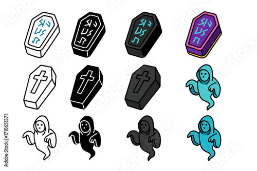 Mystical Sarcophagus Icons. Icon Set of Mystical sarcophagus: glowing runes, sealed coffin, spirit guardian. Icons set in vector style, emblematic variations.