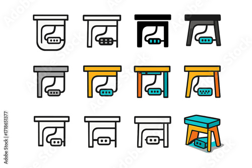 Neat Cable Logo Designs. Set Logo of Arranging office cables neatly: Hidden power strip behind desk. Logo set in vector style, emblematic variations. line,