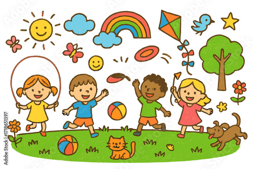 Kids' Playful Doodle. Colorful Hand-drawn doodle Children illustration Kids Playing on the Lawn [ball, kite, skipping rope, frisbee, smiling face, rainbow,