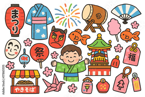 Japanese Matsuri Doodle. Colorful Hand-drawn doodle Children illustration Japanese Matsuri lantern, yukata, taiko drum, fan, mask,