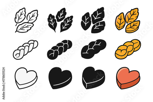 Crust Decoration Icons. Icon Set of Crust Decorations: Leaf Cutouts, Braided Crust, Heart Shapes. Icons set in vector style,