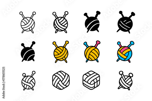 Handicraft Knitting Logos. Set Logo of Handicrafts: Knitting Needles. Logo set in vector style, emblematic variations. line, bold