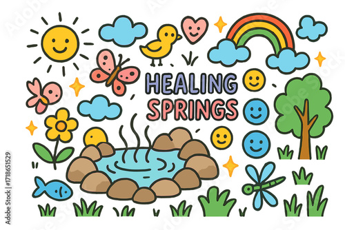 Whimsical Healing Springs. Colorful Hand-drawn doodle Children illustration Healing Springs steaming pool, rocks, flower, butterfly, rainbow, sun, clouds,