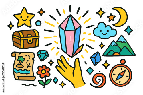 Magical Crystal Adventure. Colorful Hand-drawn doodle Children illustration Fantasy Crystal Discovery shining crystal, treasure