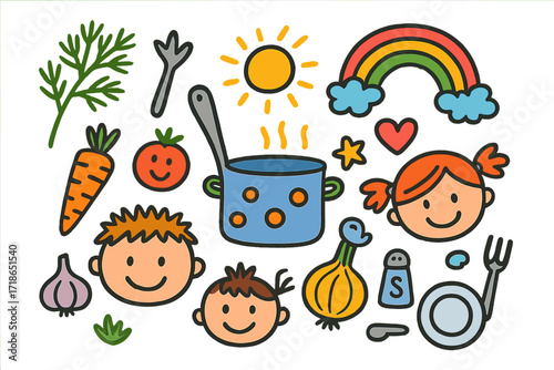 Dill Cooking Fun. Colorful Hand-drawn doodle Children illustration Dill Cooking Fun [dill sprig, soup pot, spoon, carrot, tomato, garlic, onion, star, rainbow,