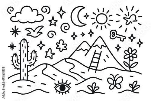 Fantasy Desert Doodle. Hand-drawn doodle illustration Fantasy desert dreamscape [cactus, dune, star, moon, sun, cloud, sparkle, swirl, bird, flower, butterfly,