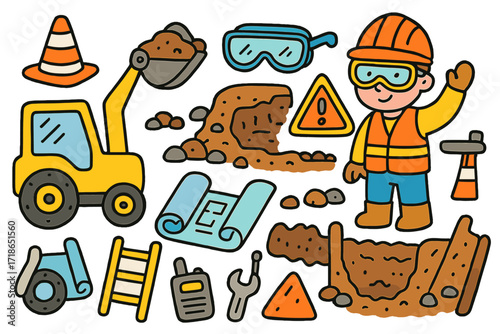 Construction Doodle Fun. Colorful Hand-drawn doodle Children illustration Digging with machinery backhoe, construction worker, safety cone, soil, scoop bucket,