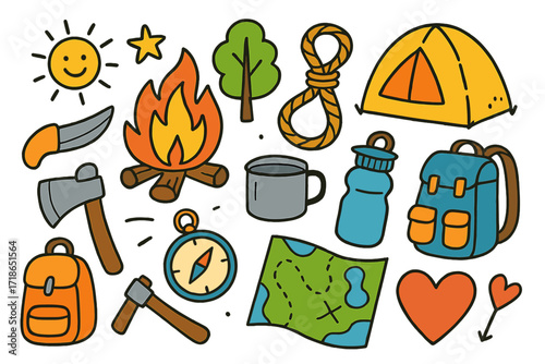 Survival Skills Doodle. Survival skills. Colorful Hand-drawn doodle Children illustration campfire, knife, rope, compass, axe, pot, water bottle, map, tent,