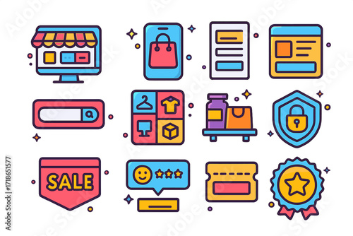 E-commerce Icon Set. Colorful isometric vector icons set of e-commerce platforms: desktop store interface, mobile shopping bag