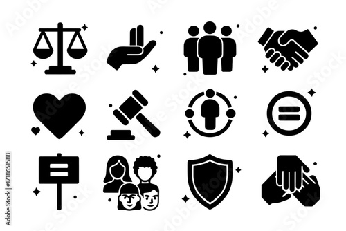 Symbols of Fairness. Fairness. Solid icons set of balanced scale, open hand, group of people, handshake, heart, justice hammer, inclusive circle, equality