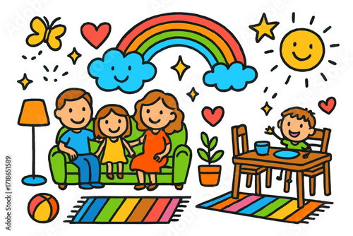 Family Time Doodle. Colorful Hand-drawn doodle Children illustration Family Time in Open Spaces sofa, dining table, chairs, rug, lamp, rainbow, sun, heart,