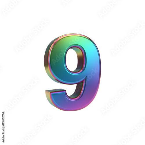 Bold 3D number 9, shiny metallic rainbow finish, high contrast, isolated on white background, square 1:1, eye-catching trendy style