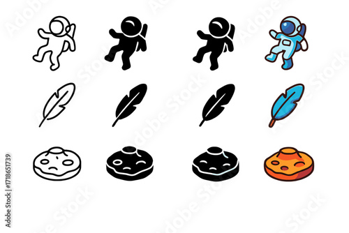 Low Gravity Icons. Icon Set of Low Gravity: Floating astronaut, Feather, Planet surface. Icons set in vector style, emblematic variations. Floating astronaut