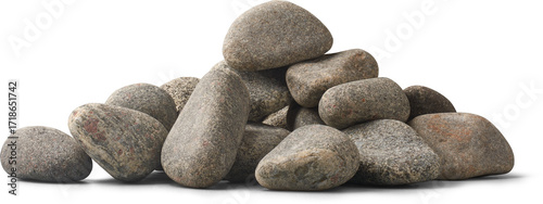 pile of gray pebble or river stones with smooth surface and speckled texture isolated white background, landscaping and aquarium decoration material in side view