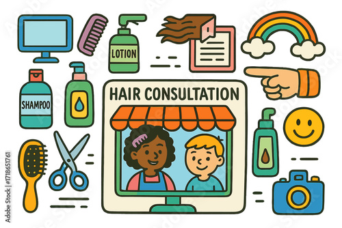 Hair Consultation Doodle. Colorful Hand-drawn doodle Children illustration Hair Consultation Kiosk screen, comb, shampoo, stylist,