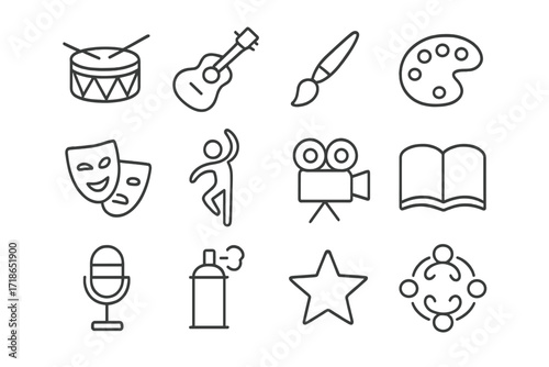Cultural Movement Icons. Cultural movements. Line icon set of cultural movements: drum, guitar, paintbrush, palette, theater mask, dance pose, film camera,