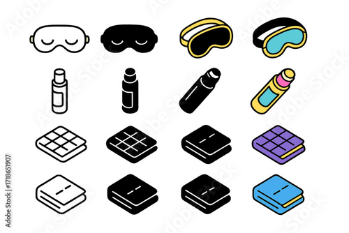 Sleep Care Icons. Icon Set of Sleep Care: Sleep Mask, Essential Oil Roller, Weighted Blanket. Icons set in vector style, emblematic variations. Sleep Mask