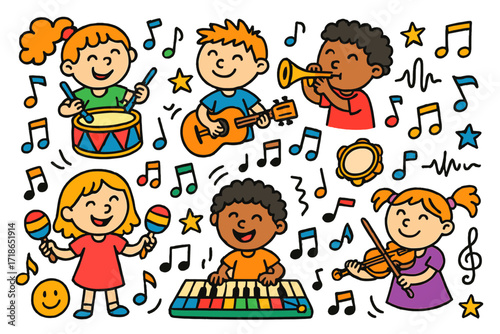 Musical Kids Doodle. Colorful Hand-drawn doodle Children illustration Playing musical instruments drum, guitar, keyboard, trumpet, violin, maracas, xylophone,