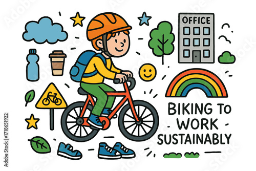 Kids Biking to Work. Colorful Hand-drawn doodle Children illustration biking to work sustainably bicycle, helmet, backpack, water bottle, coffee cup, office