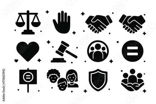 Symbols of Fairness. Fairness. Solid icons set of balanced scale, open hand, group of people, handshake, heart, justice hammer, inclusive circle, equality
