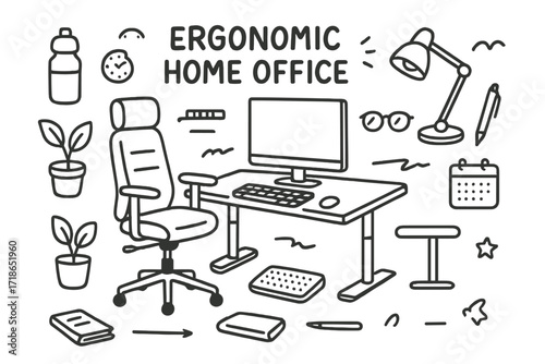 Ergonomic Office Doodles. Hand-drawn doodle illustration Ergonomic home office [ergonomic chair, adjustable desk, keyboard, monitor, mouse, footrest, wrist
