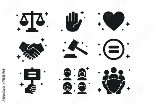 Fairness Icon Set. Fairness. Solid icons set of balanced scale, open hand, group of people, handshake, heart, justice hammer, inclusive circle, equality