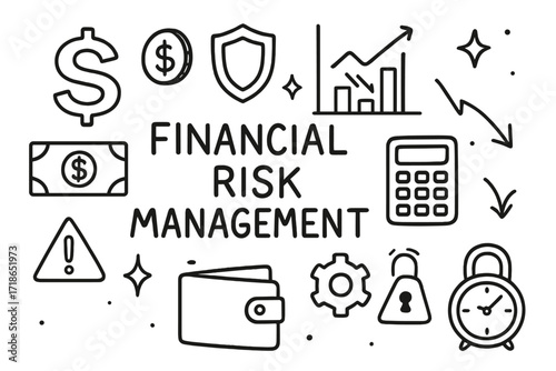 Financial Risk Doodle Icons. Hand-drawn doodle illustration Financial risk management [dollar sign, coin, banknote, shield, chart, bar graph, arrow,