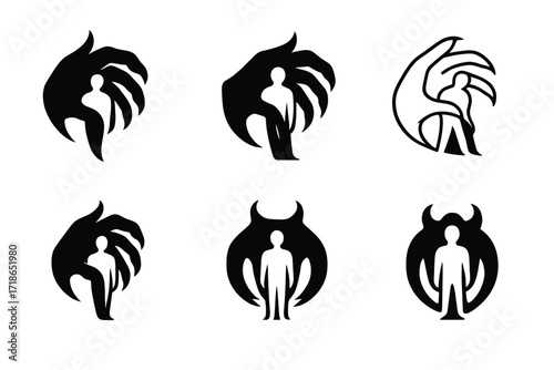 Devil's Grasp Logos. person in the grasp of the devil. Set Logo of person in the grasp of the devil: devil hand pulling shadow of