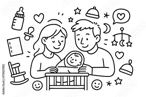 Parent-Child Doodle Scene. Hand-drawn doodle illustration Parents gazing at baby [baby, mom, dad, heart icon, crib, baby bottle, pacifier, blanket, smiley