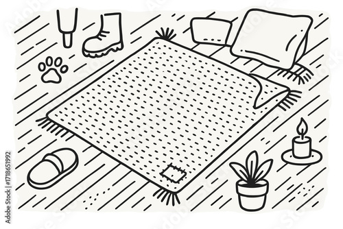 Cozy Rustic Rug Doodle. Hand-drawn doodle illustration Rug in rustic interior [wood floor, woven rug, stool leg, boot print, pet paw, folded corner, slipper,