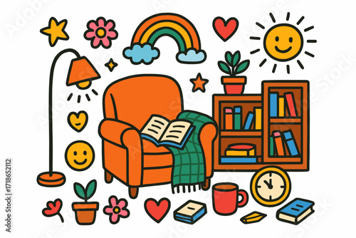 Cozy Reading Nook. Colorful Hand-drawn doodle Children illustration Reading Nook [armchair, blanket, lamp, bookshelf, coffee mug, rainbow, star, flower, heart,