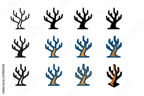 Colorful Barren Tree Logos. Set Logo of Barren Tree: Burnt Tree with Charred Limbs. Logo set in vector style, emblematic