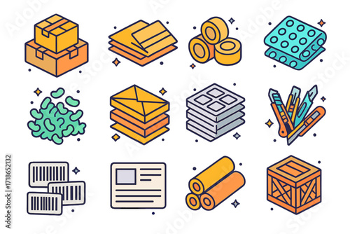 Colorful Packaging Icons. Colorful isometric vector icons set of piled up cardboard and packaging: box stacks, flattened boxes, tape rolls pile, bubble wrap