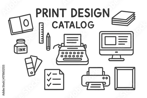 Design Tools Doodle. Print Design. Hand-drawn doodle illustration catalog cover, sketchbook, pencil, ruler, paper stack, ink