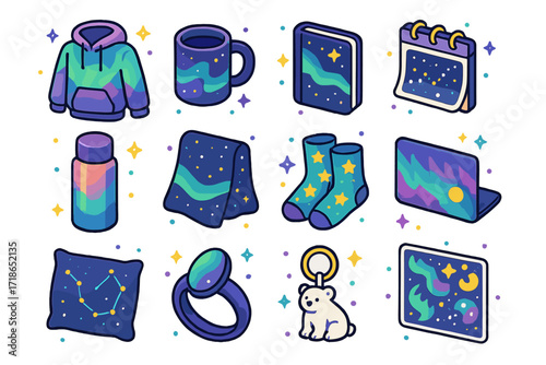 Aurora Themed Icons. Colorful isometric vector icons set of aurora-inspired lifestyle items: aurora-patterned hoodie, galaxy mug,